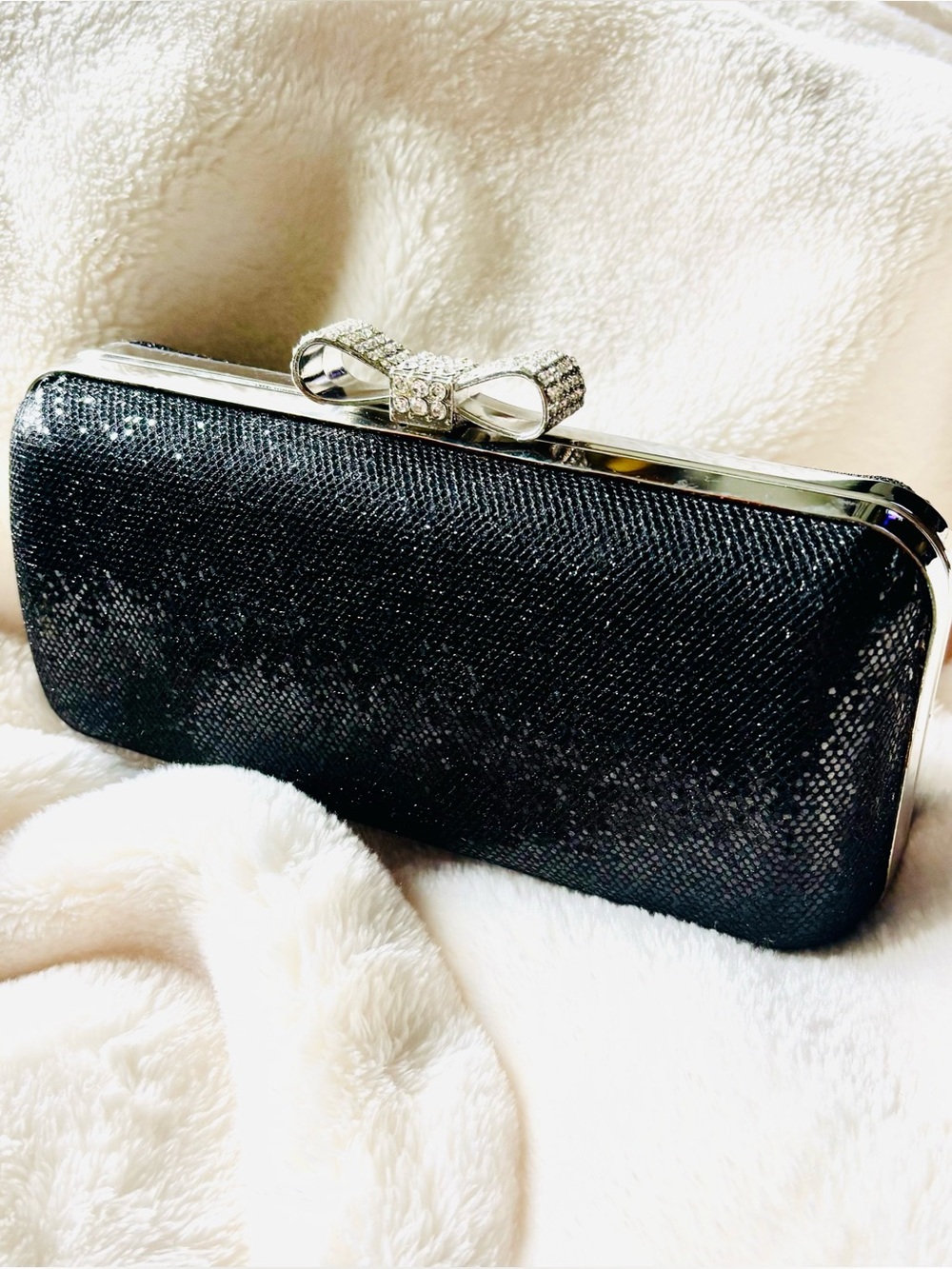 LuLu Townsend Sparkling Black Rhinestone Bow Clutch for Women Silver Chain